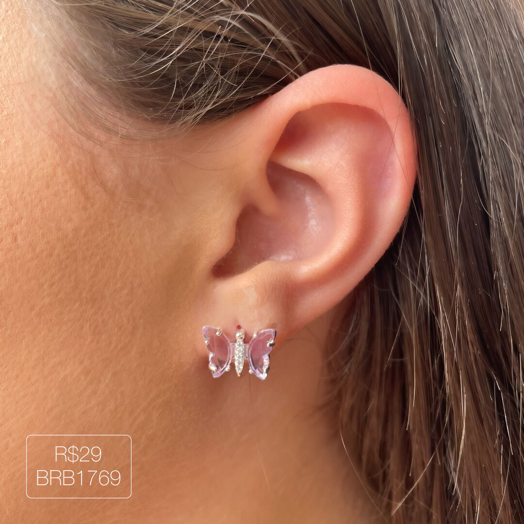 Brinco Borboleta Asa Vidro Roxo Prateado